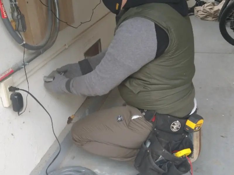 Electrician performing outlet wiring in a Greenacres garage